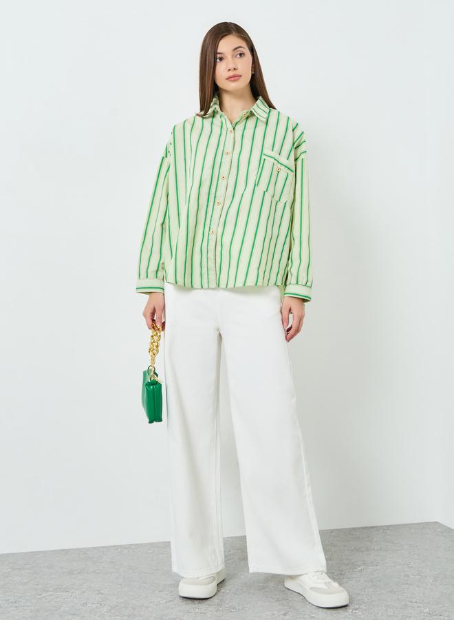 Styli Women Green Striped Oversized Shirt - Image 1